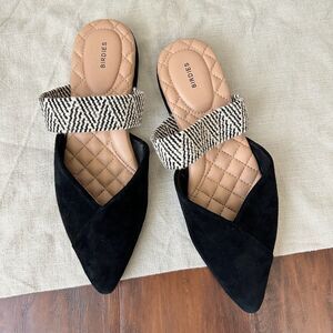 BIRDIES The Swan Black Cuff Suede Pointed Toe Mules Slip-On